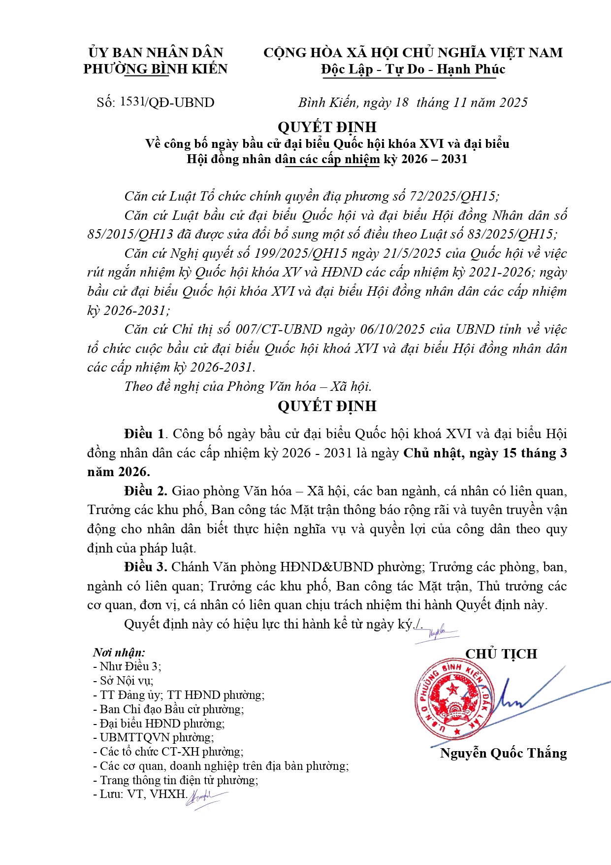 Quyết định về việc công bố ngày bầu cử đại biểu Quốc hội khóa XVI và đại biểu Hội đồng nhân dân các cấp nhiệm kỳ 2026 – 2031